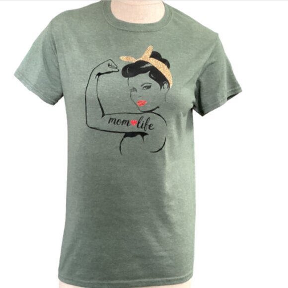 "Mom Life" Graphic Tee Short Sleeve Crew Neck Green #67Q - Picture 1 of 6